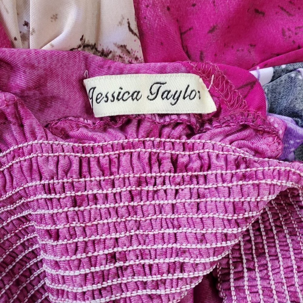 jessica Taylor Pink Floral Pullover V-Neck Back Smocked Waist Midi Dress Large - Picture 7 of 7